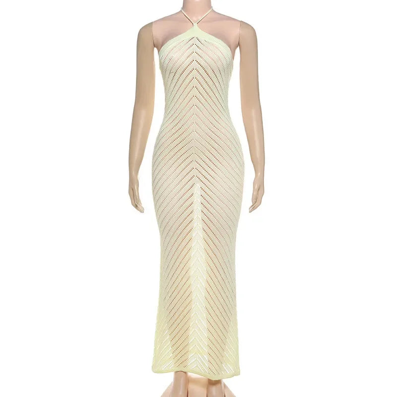 Aiertu  -  Solid  Knitted Halter Backless Long Dress Women Hollow Out Vacation Loose Sexy Dresses 2026 Summer Holiday Party Lady Vestidos Aiertu