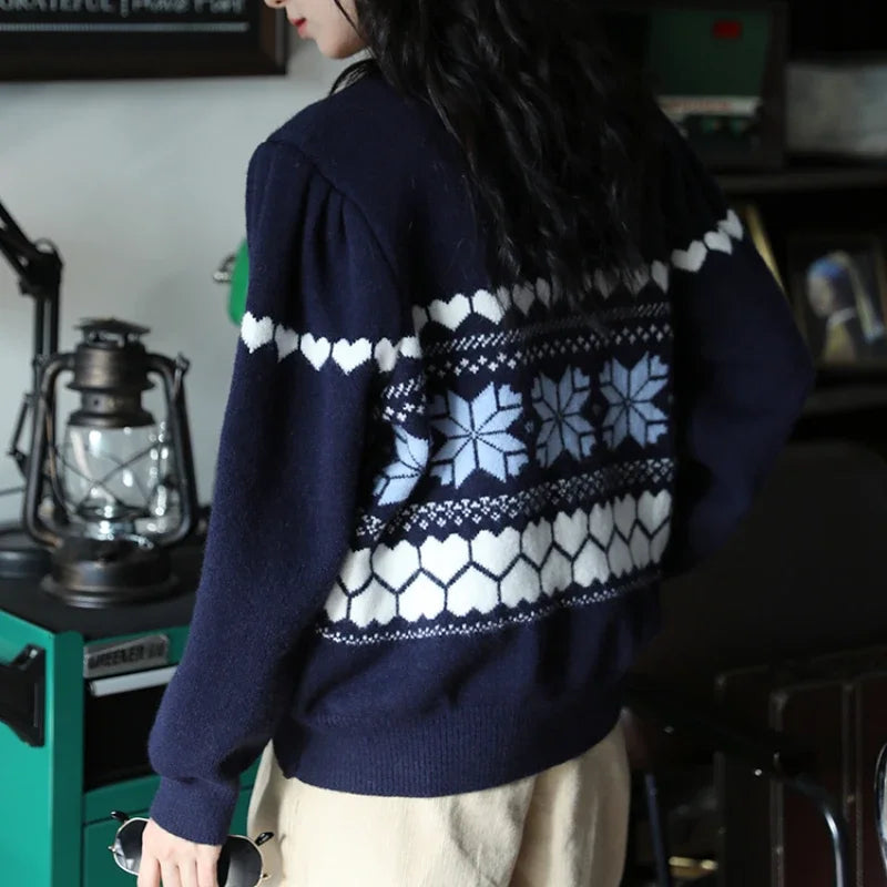 Aiertu  -  Vintage  Fair Isle Crew Neck Jumper Heart Pattern Knitted Pullovers Christmas Sweater Holiday Knitwear Autumn Women Outerwear Aiertu