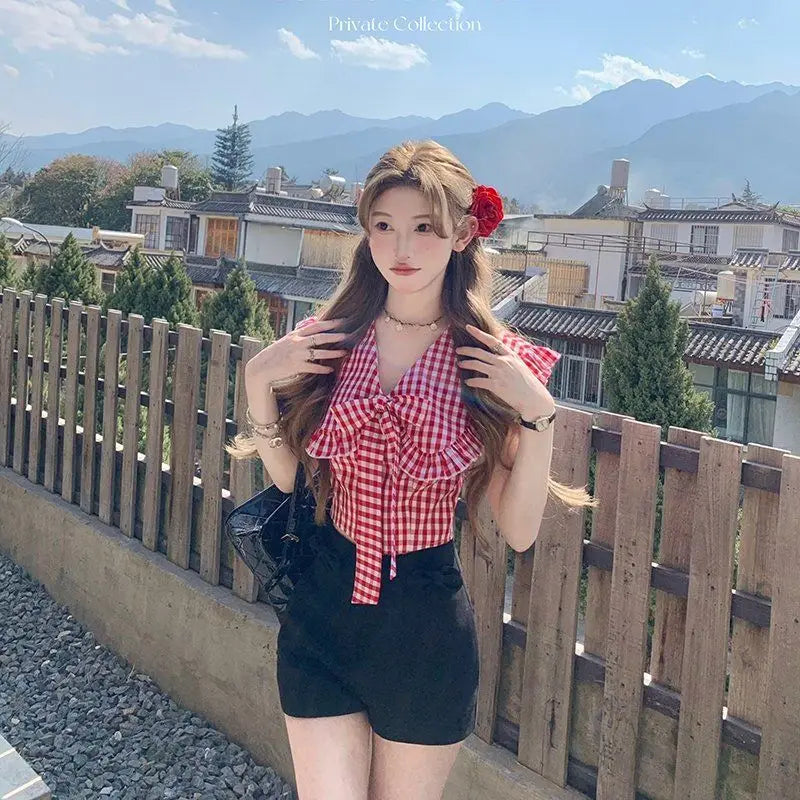 Aiertu  -  Sweet Hot Girl Suit Women's Summer Turn-down Collar Plaid Bow Top High Waist Skirt Shorts Two-piece Set Fashion Female Clothes Aiertu