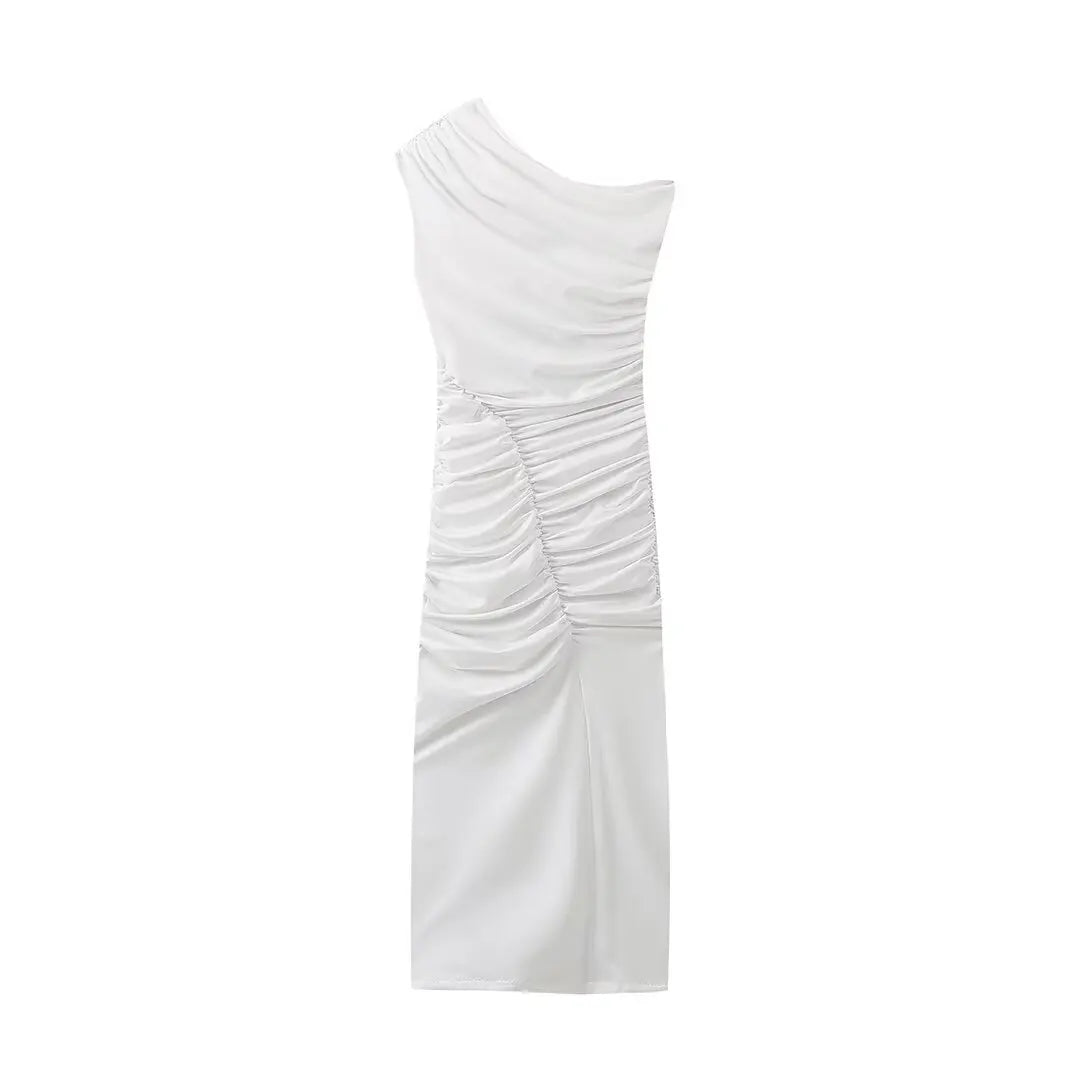 Aiertu  -  French pure desire slanted shoulder stretch slim dress women's summer new front slit sexy pleated long skirt Aiertu