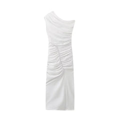 Aiertu  -  French pure desire slanted shoulder stretch slim dress women's summer new front slit sexy pleated long skirt Aiertu