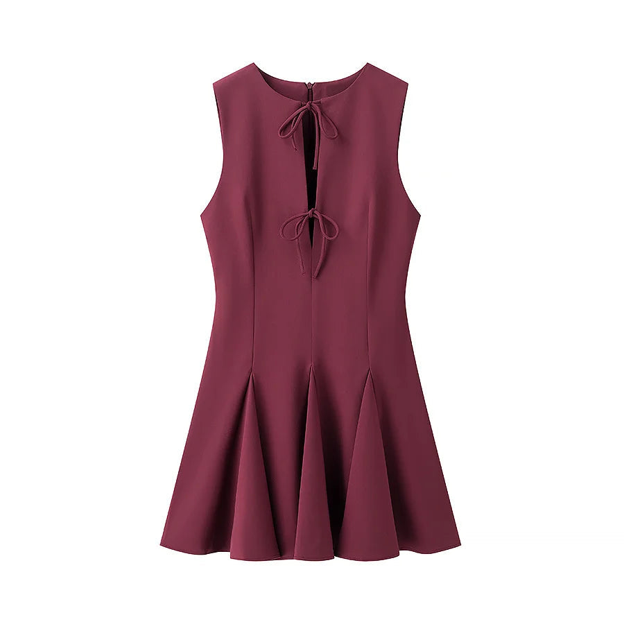 Aiertu  -  2025 Women Bow Lace Up O Neck Elegant Mini Dresses Fashion A-line Slim Office Lady Sleeveless Dresses Female Vestidos Aiertu