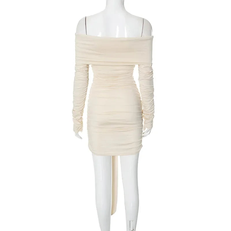 Aiertu  -  One-Shoulder Pleated Bandage Mini Dress Female Sexy Bodycon Long Sleeve Autumn Fashion Autumn Party Club Dresses Female Aiertu