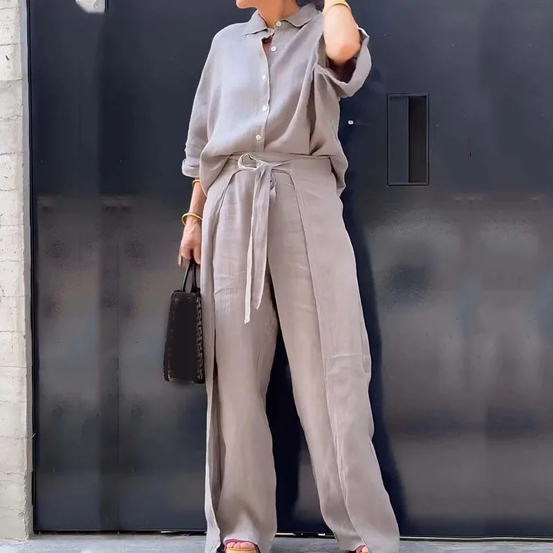 Aiertu  -  Elegant Lapel Button Shirts & Long Pant Suits Women Casaul Short Sleeve Solid Outfits Fashion Cotton Linen Lace-up Loose 2Pc Set Aiertu