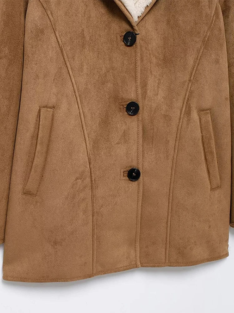 Aiertu  -  Fashion Solid Lapel Women Jacket Lamb Wool Full Sleeve Lady Coat Autumn Winter Warm Thicken Vintage Loose Female Outwear Aiertu