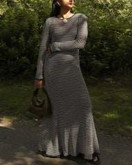 Aiertu  -  Vintage Fashion Black and White Striped Maxi Dress Elegant Long Sleeve Tie Back Dresses Beachwear Holiday Autumn Sexy Dress Aiertu