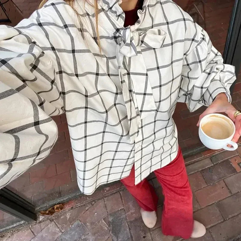 Aiertu  -  Elegant Plaid Lace Up Women Shirts 2026 Spring Ruffle Long Sleeve Single Breasted Simple Blouses Female Casual Loose Lady Tops Aiertu