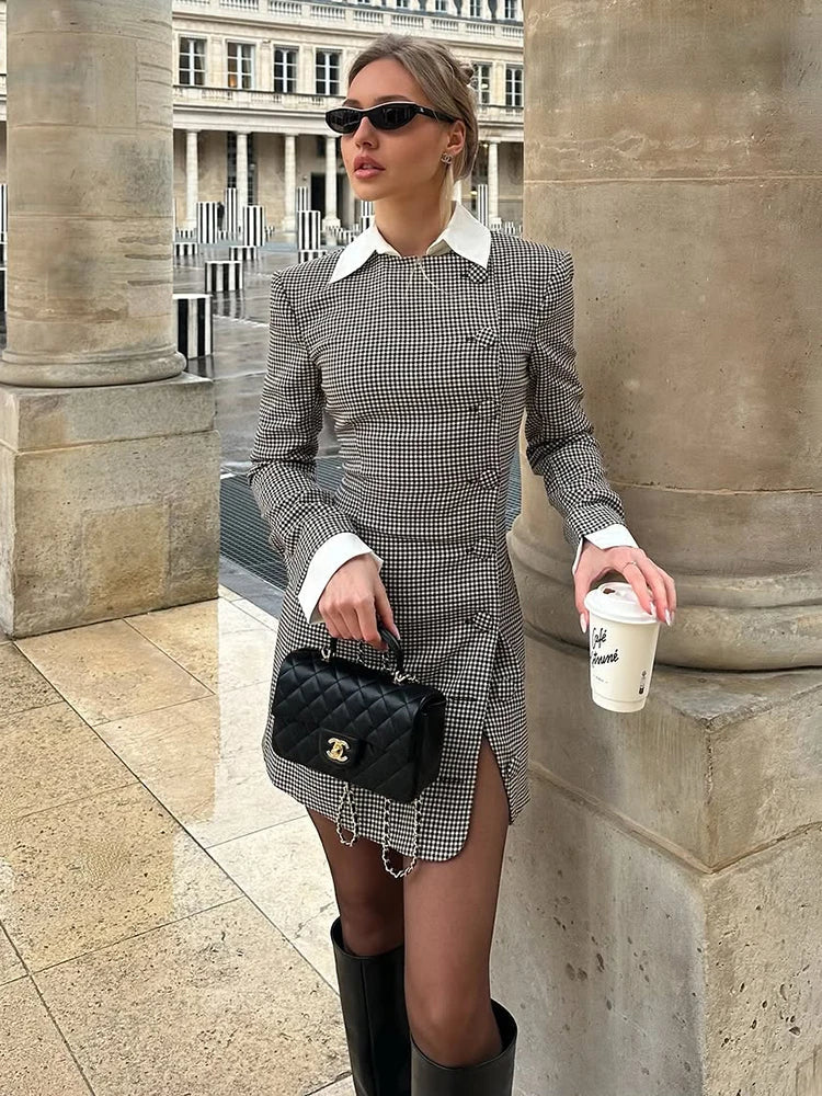 Aiertu  -  Women's Contrast Mini Dress Elegant Office Lady Lapel Slim High Waist Splice Buttons Cardigan Dresses Female Spring Dress Aiertu