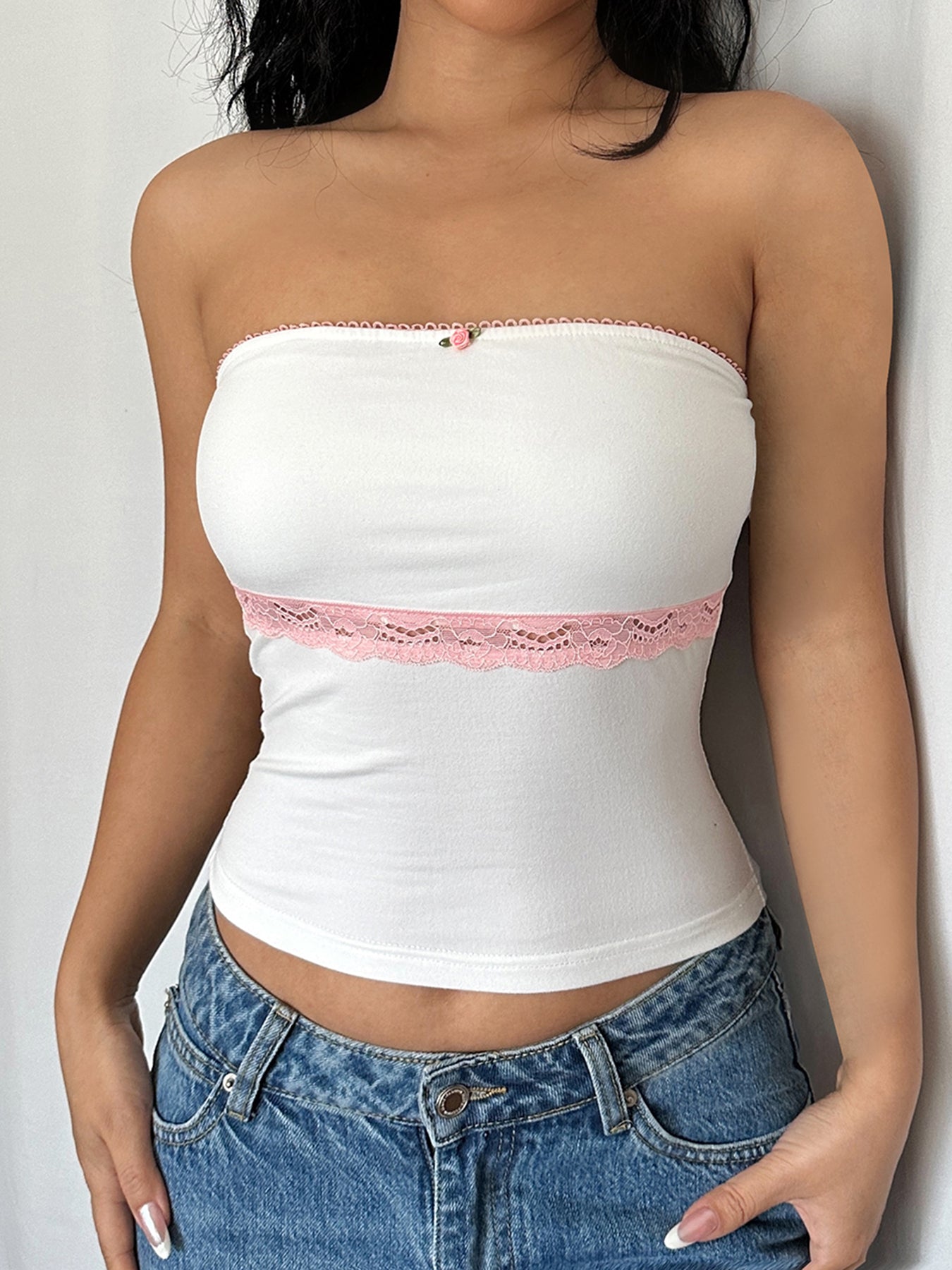 Aiertu - summer inspo Sweet Y2K Contrast Lace Strapless White Tube Top Women 2000s Cute Kawaii Cropped Vest Aiertu