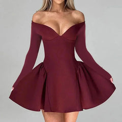 Aiertu  -  Sexy Off Shoulder Backless Mini Dress Women Deep V Neck Slim Long Sleeve A-line Dresses 2025 Lady Elegant Solid Party Ball Gowns Aiertu