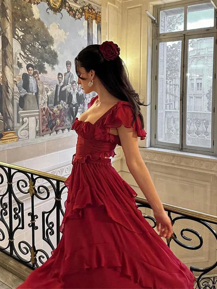 Aiertu  -  New Red Layered Ruffles High Waist Maxi Dress Women Elegant Square Neck Sleeveless Back Hollow Robes 2026 Chic Lady Party Gowns Aiertu