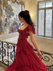 Aiertu  -  New Red Layered Ruffles High Waist Maxi Dress Women Elegant Square Neck Sleeveless Back Hollow Robes 2026 Chic Lady Party Gowns Aiertu