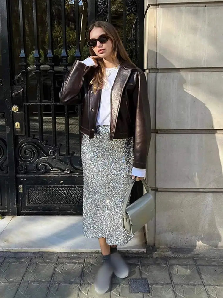Aiertu  -  Fashion Pu Leather Brown Lapel Jacket Casual Long Sleeve Single Breasted Office Coat 2026 Autumn Chic High Street Lady Outwears Aiertu
