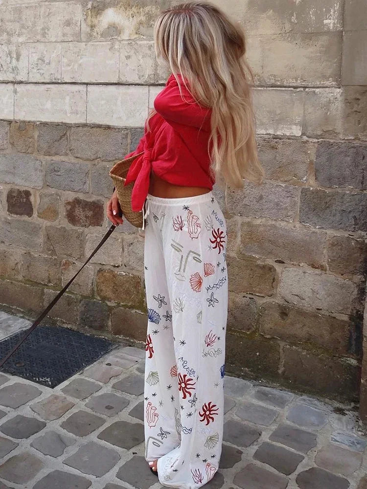 Aiertu  -  Autumn Embroidery Women Cotton Long Pants Drawstring Casual Wide Leg White Trousers 2026 Boho Marine Organism Pants Aiertu
