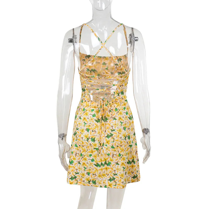 Aiertu  -  Chic Sexy Floral Print Lace-up Backless Summer Party Dresses for Women 2026 Slash Neck Sleeveless Tunics Vacation Beach Dress Aiertu