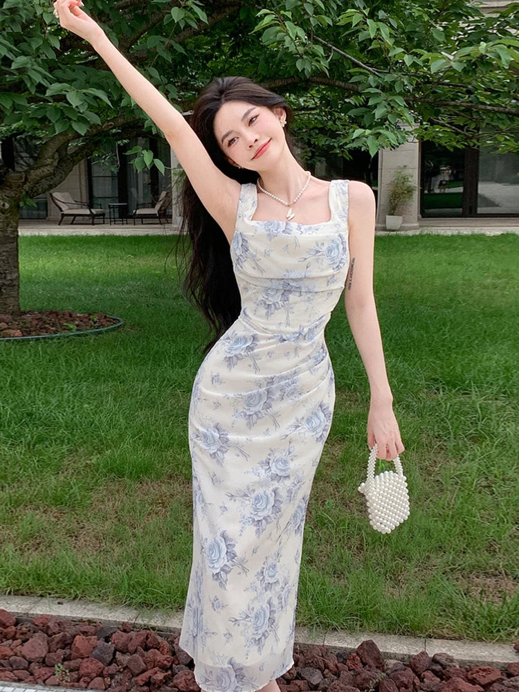 Aiertu  -  Summer Long One Piece Dress For Women Clothes Elegant Pretty Sweet Print Sexy Strap Wrap Hip Slit Midi Party Robe Mujer Vestidos Aiertu
