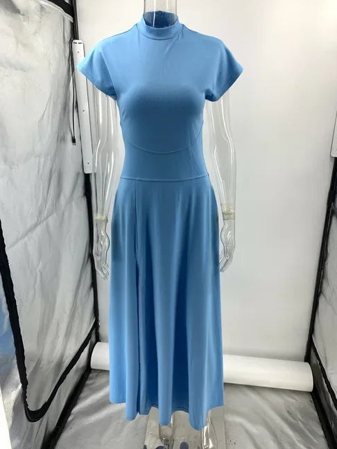 Aiertu  -  Chic Solid Pocket High Split Maxi Dress for Women Casual O-neck Zip-up Elegant Dress Summer Holiday Party Evening Dress Woman Aiertu