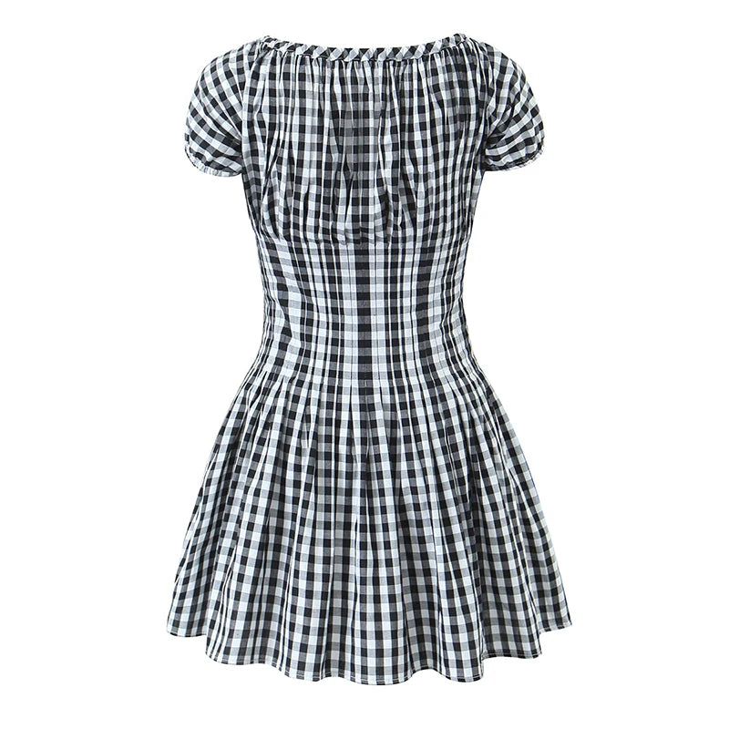 Aiertu  -  Vintage  Women Black White Plaid Dresses Short Sleeve O Neck Slim Waist A-line Mini Casual Summer Dress Aiertu