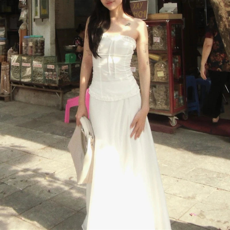 Aiertu  Elegant Strapless Lace Ruffles Off Shoulder Tank Top With White Long Skirt Aesthetic Gentle Slim Women 2 Piece Set Aiertu