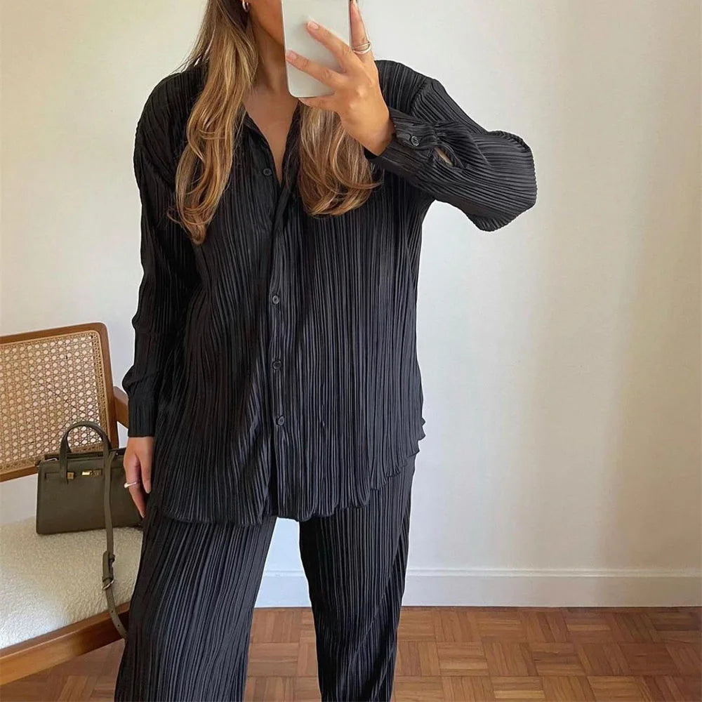Aiertu  -  Causal Commuter Ladies Long Top Pants Set Streetwear Shirt Suit Big Wig Trousers Loose Two-piece Set Women Suit Festival Outfit Aiertu