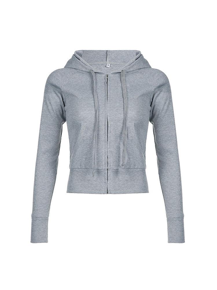Aiertu - summer inspo Hot Gray Slim Zip Up Jackets Hoodies For Women Pockets Long Sleeve Ribbed Solid Simple Basic Casual Preppy Sweatshirts Aiertu