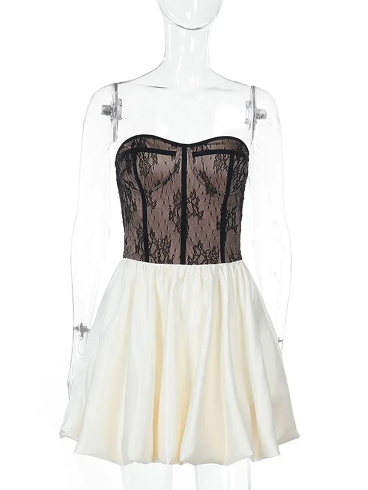 Aiertu  -  Splice Lace Strapless Dress Female Sexy Slim Contrast Color Folds Dress Spring 2025 New Casual Club Party  Women's Dress Aiertu