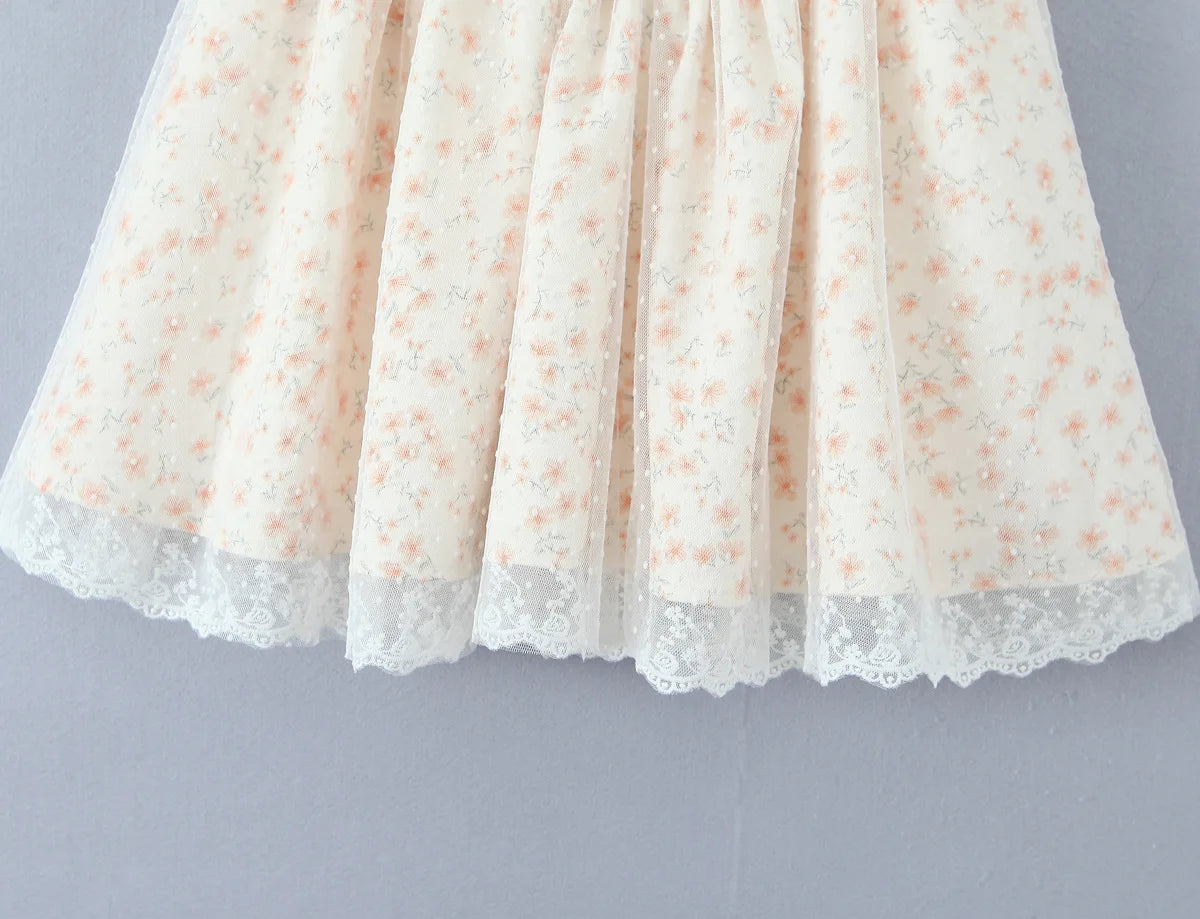 Aiertu  -  Pretty Girl Floral Print Mesh Strapless Mini Dresses Women Front Lace Up Bandage Birthday Party Dress French Bridesmaids Robe Aiertu