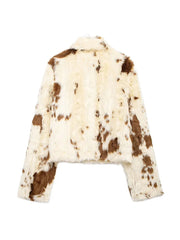 Aiertu  -  Women Autumn Casual Faux Fur Lapel Crop Jacket Fashion Cow Pattern Fuzzy Long Sleeve Coat Female Chic Zipper Outerwear Aiertu