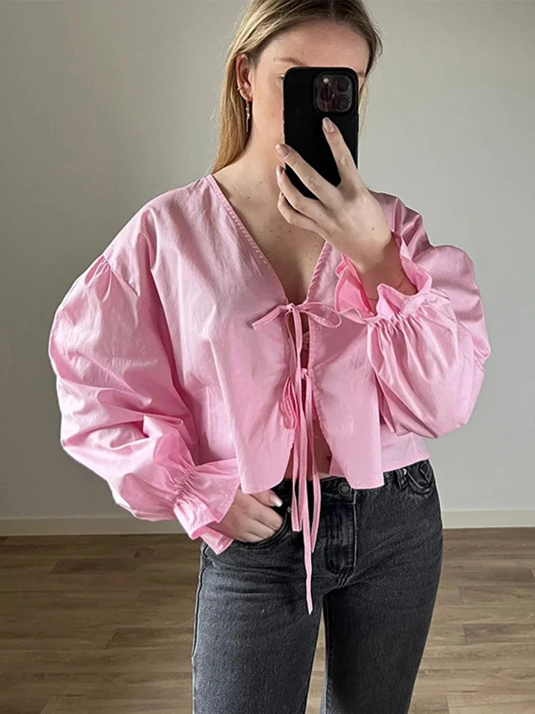 Aiertu  -  Cotton Bow Lace Up Shirt Women Elegant V-neck Hollow Out Long Lantern Sleeve Shirts 2026 Spring Summer Casual Loose Fashion Tops Aiertu