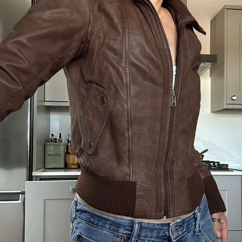 Aiertu  -  cold weather outfits Faux Leather Women Brown Jacket Vintage Fashion Autumn Streetwear Zipper Coat Casual Y2K Motorcycle Style Outwear Aiertu