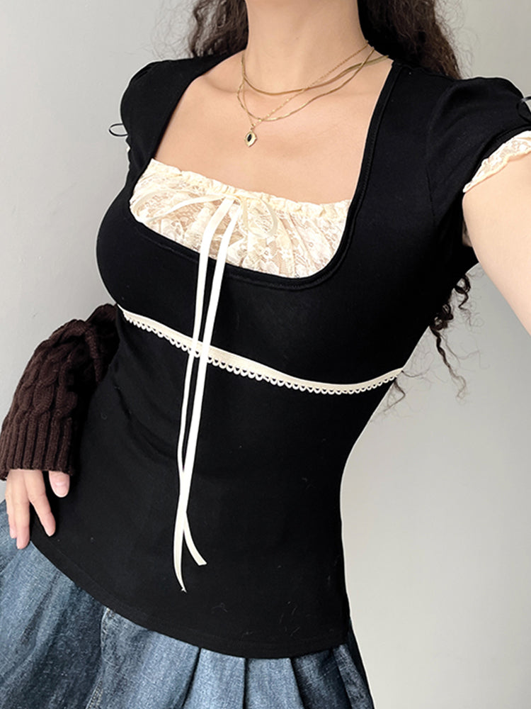 Aiertu - summer inspo Sweet Y2K Contrast Lace Patchwork Square Collar Black T-Shirt Women Short Sleeve Basic Balletcore Cute Summer Tops Aiertu