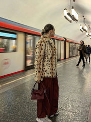 Aiertu  -  Women Fashion Leopard Print Faux Fur Warm Coat Chic Lapel Long Sleeves Single Breasted Casual Jacket Autumn Winter Lady Outwear Aiertu