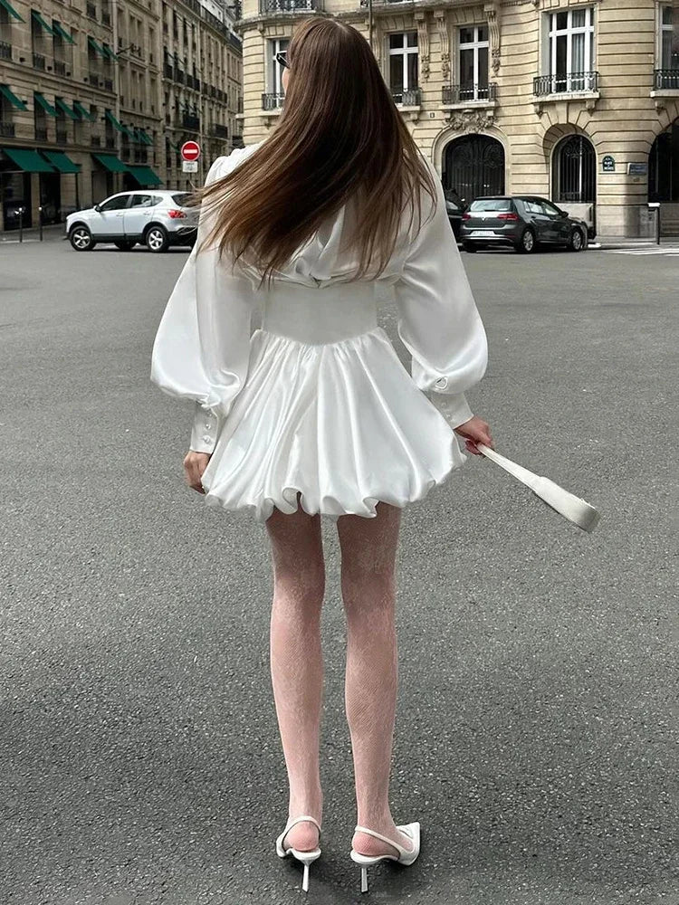 Aiertu  -   Elegant White Sexy V Neck Mini Dress Female Lantern Long Sleeve Retro Casual Ball Gown Dresses High Waist Fashion Aiertu