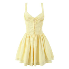 Aiertu  -  2025 Women Front Lace Up Sling Mini Dress Summer Cotton A-line Slim Holiday Dresses Yellow White Robe Aiertu