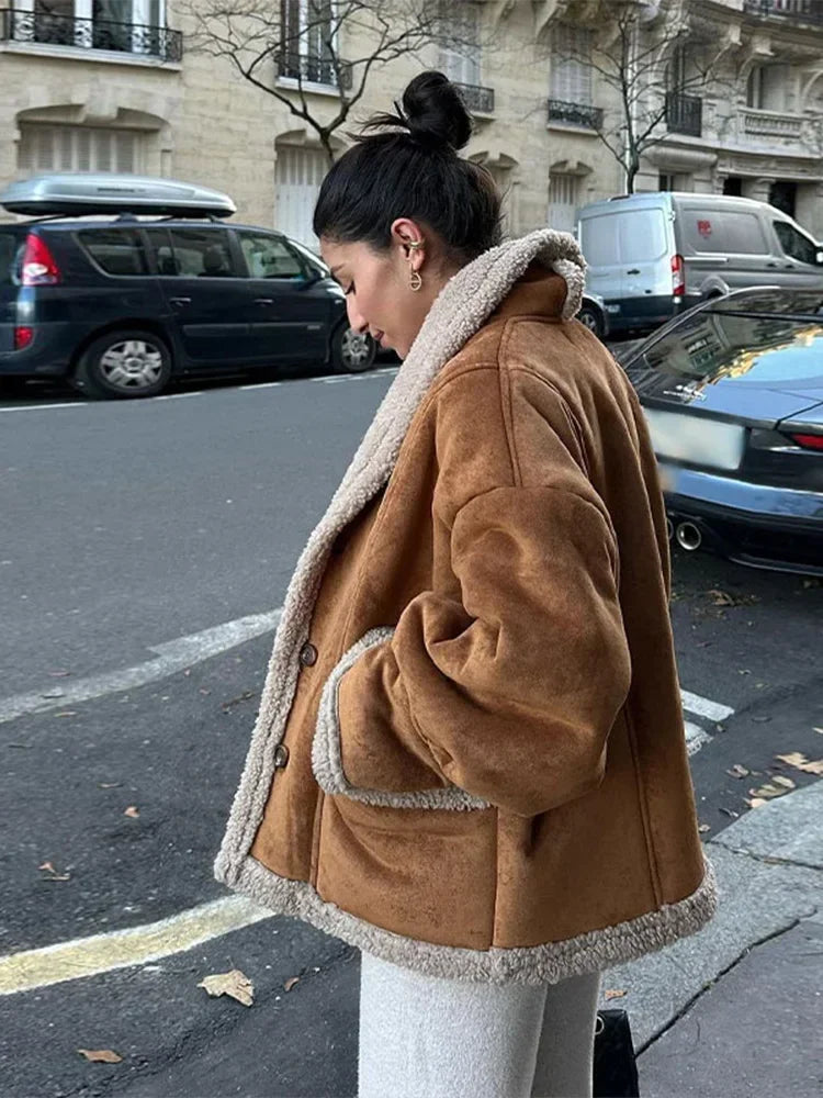 Aiertu  -  Fashion Warm Women Lamb Wool Jackets Casual Lapel Single Breasted Thickened Pocket Coats 2026 Autumn Winter New Lady Outerwear Aiertu