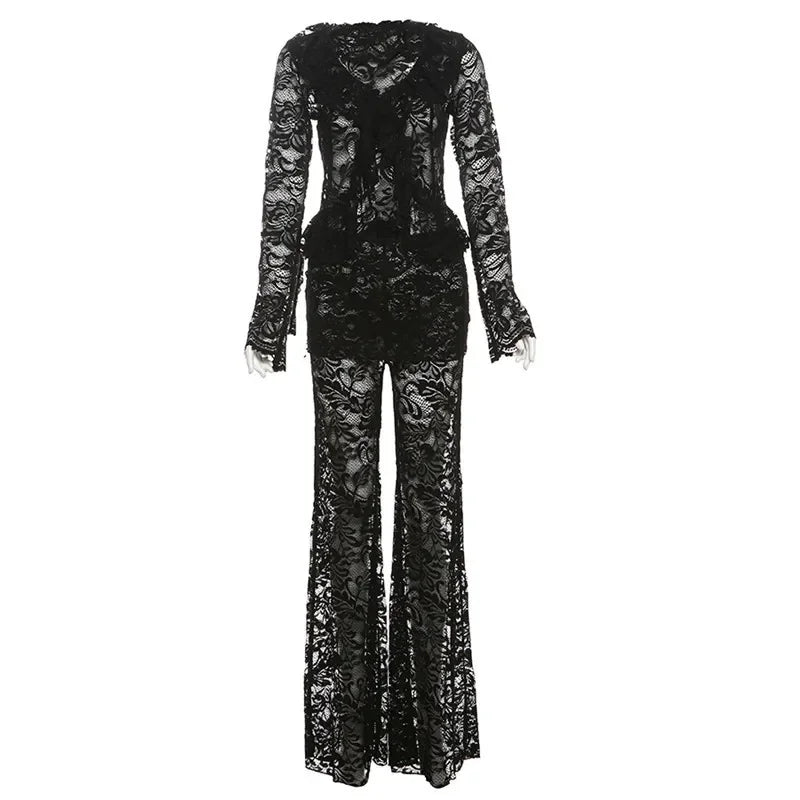 Aiertu  -  Women's Lace Long Pant Sets Sexy See Through Slim Cardigan Top High Waist Trousers Female Fashion Matching Sets Autumn Aiertu