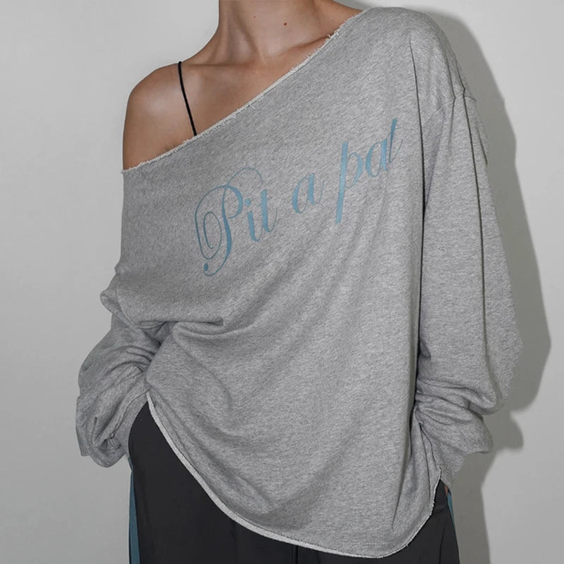 Aiertu  Letter Print Long Sleeve Skew Collar Loose Casual Irregular T-Shirt Fashion Vintage Tops Autumn Streetwear Sweatshirt Aiertu