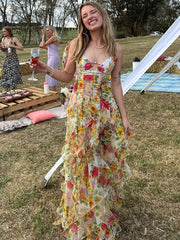 Aiertu  -  Printed Multi-layer Ruffled Split Long Dress Women's High Waist Backless Slim Zipper Sling Dresses 2026 Summer Holiday Sexy Robe Aiertu
