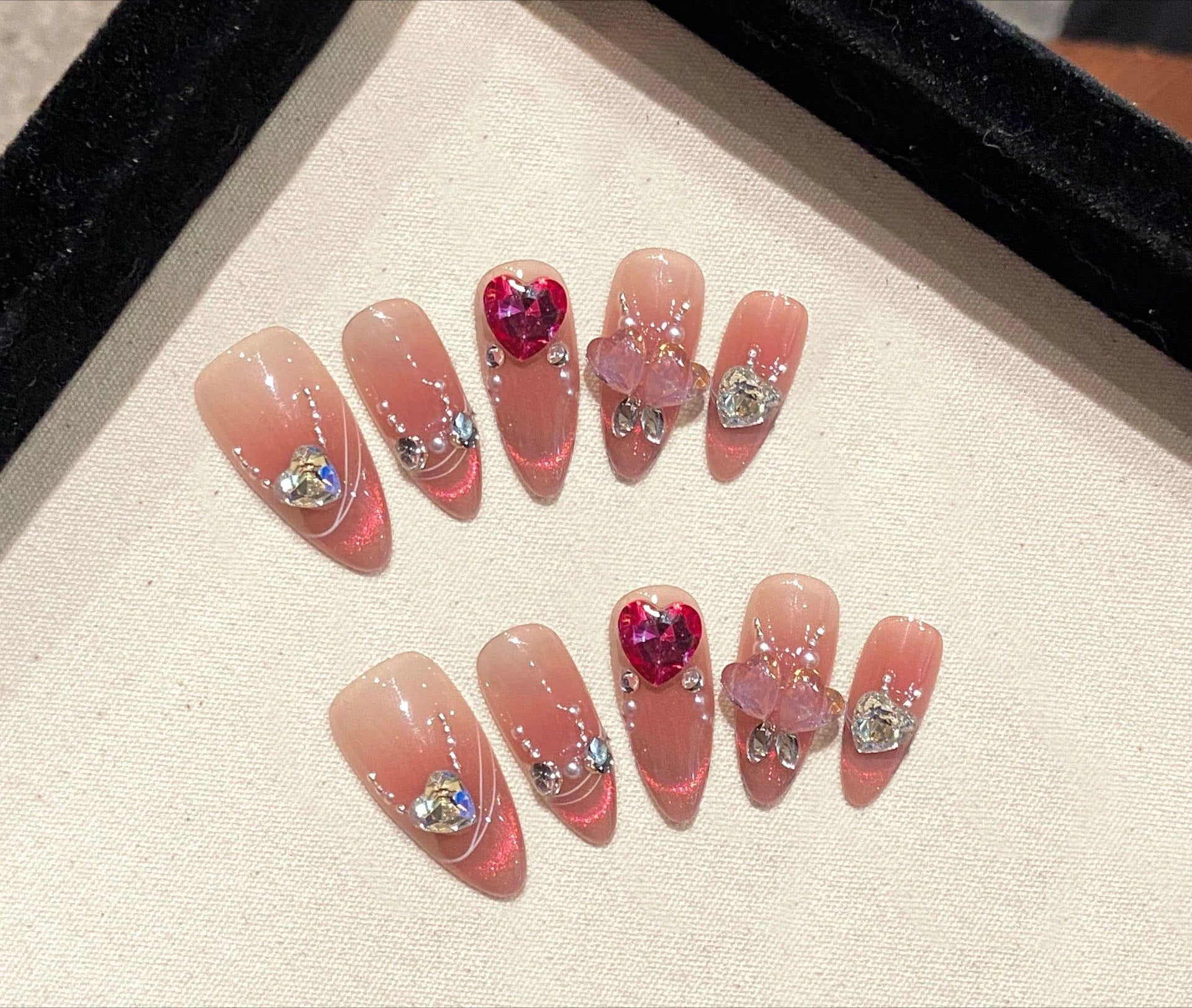 Aiertu 10Pcs Pink Handmade Press on Nails Full Cover Bow Tie Rhinestone Design French Almond Fake Nails Wearable Manicure Nail Tips Art Aiertu