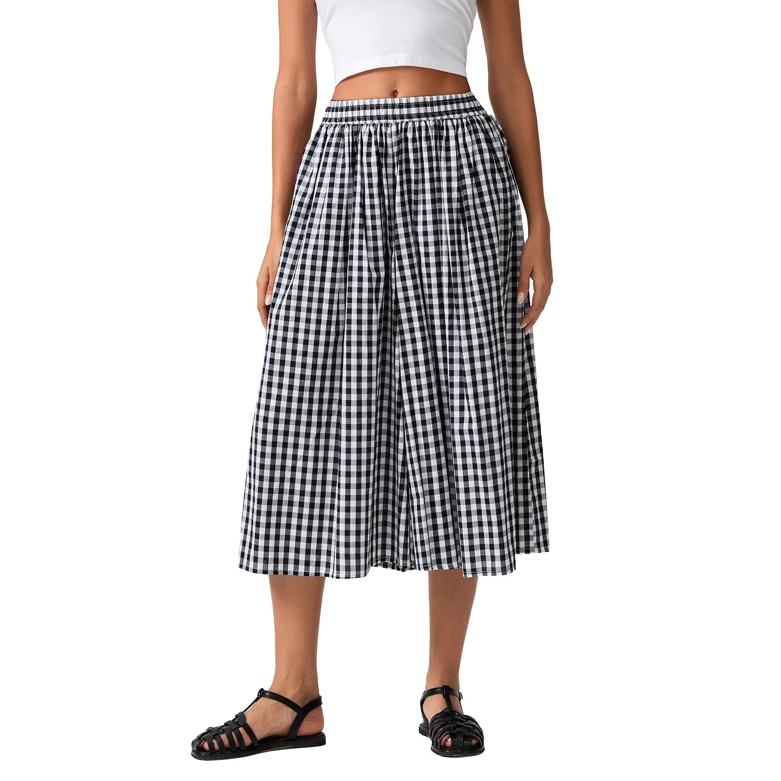 Aiertu  -  Women Summer Plaid Print Capri Culottes Elastic Waistband Wide Leg Loose Side Pocket Casual Pull On Trousers Aiertu