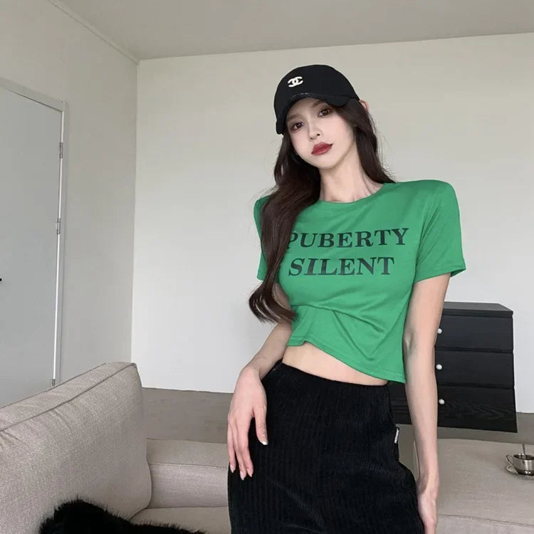 Aiertu  -  Short Sleeved T-shirt Women's Short Base Shirt 2026 Spring and Summer Slimming Slim Fit Letter White Student Top Female Clothes Aiertu