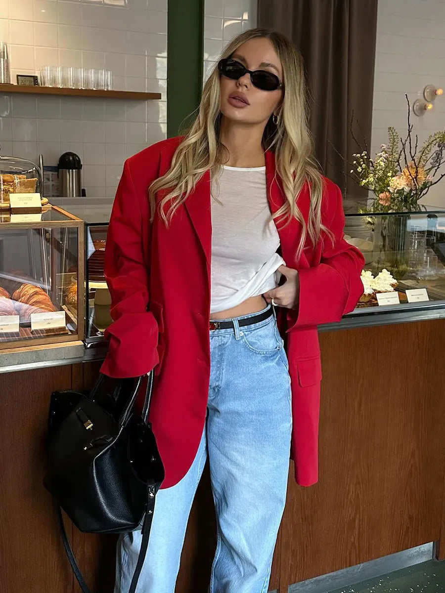 Aiertu  -  Women's Red Suit Temperament Shoulder Pads Loose Coat Collar Pocket Casual Cardigan Fashion Office Ladies Suit Jacket Aiertu