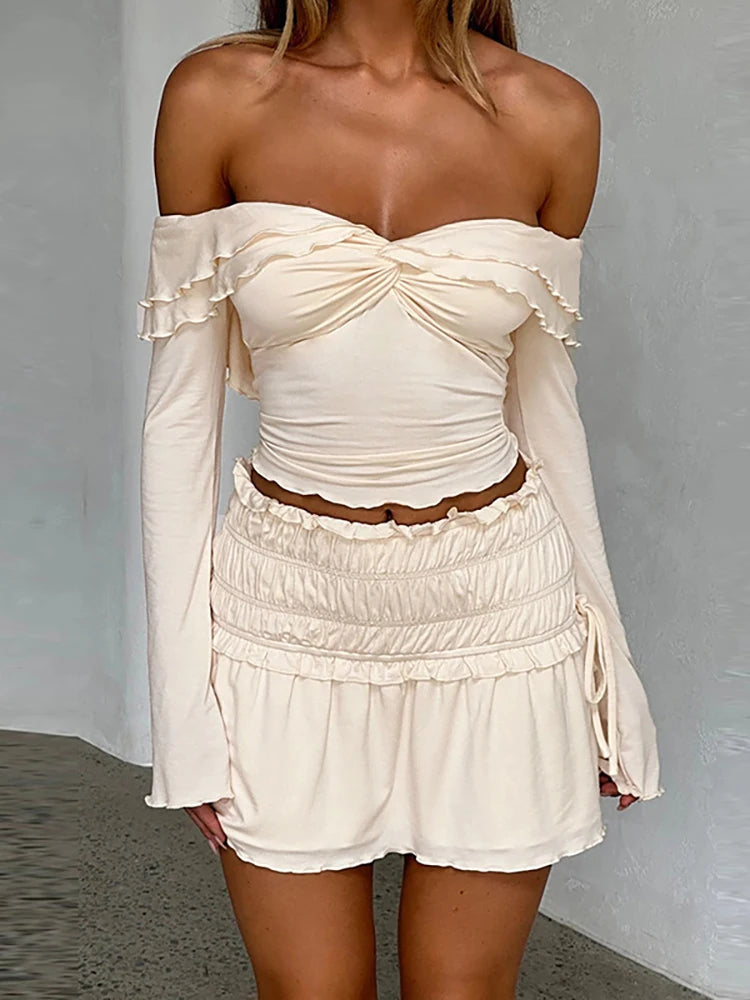 Aiertu  -  Sexy Off Shoulder Ruched Women Skirt Two Piece Sets Apricot Long Sleeve Top Mini Skirt Set Female Elegant Party Clubwear Aiertu