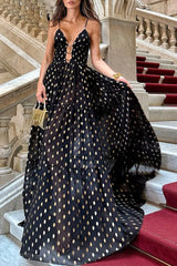 Aiertu  -Sexy Polka Dot Contrast V Neck Long Dresses aiertu