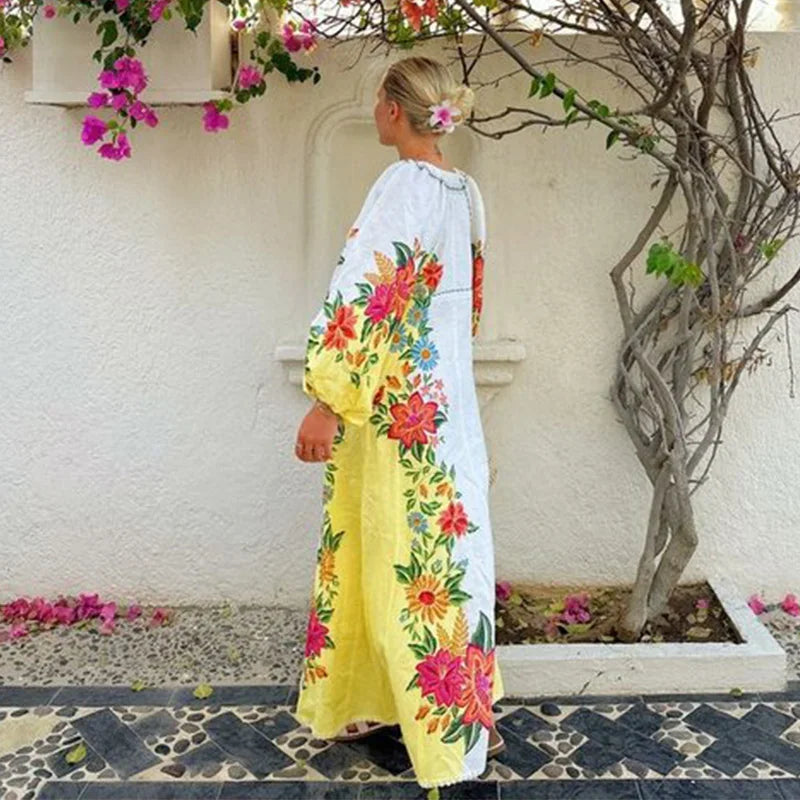 Aiertu  -  Print Linen Dress Women Elegant Loose Lace Up V Neck Vintage Vestidos Female Summer Long Sleeves Fashion High Waist Robe Aiertu