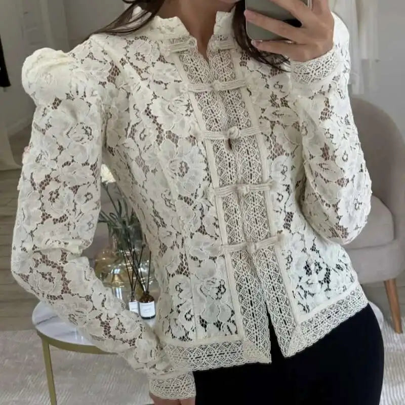 Aiertu  -  Long Sleeve Lace Elegant Shirt Women Top Autumn Stand Collar Single-breasted Slim Temperament See Through Shirts Aiertu