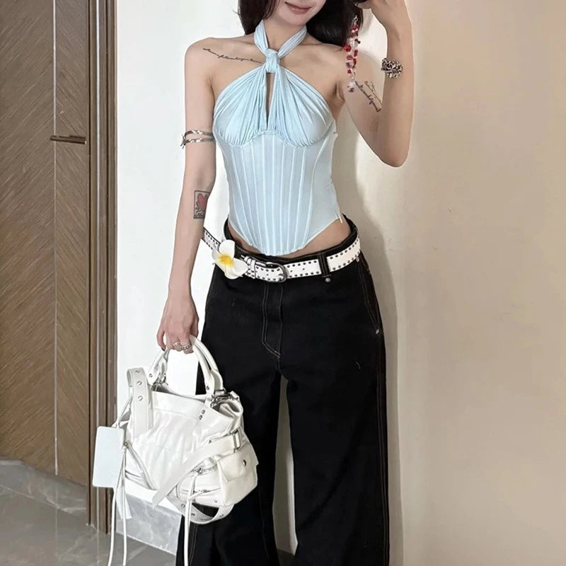 Aiertu  -  Y2k Aesthetic Halter Bandage Pleated Tank Top Women Streetwear Backless Bodycon Tanks 2026 Summer Sexy Grunge Cropped Camisole Aiertu