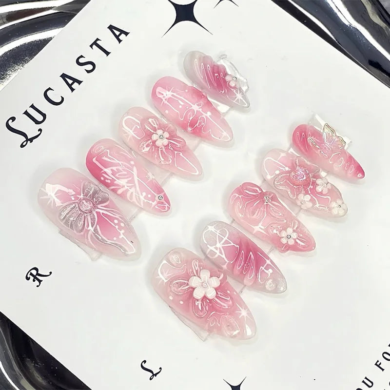 Aiertu  -  24PCS Sweet Pink Blush Wearable Press on Nail 3D Flowers Butterfly Decorations Fake Nail for Loving Girls Almond False Nail Tips Aiertu