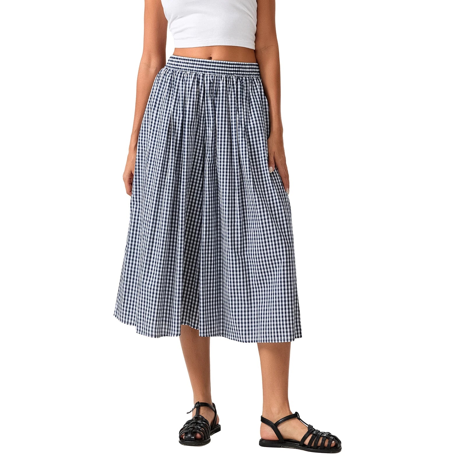 Aiertu  -  Women Summer Plaid Print Capri Culottes Elastic Waistband Wide Leg Loose Side Pocket Casual Pull On Trousers Aiertu
