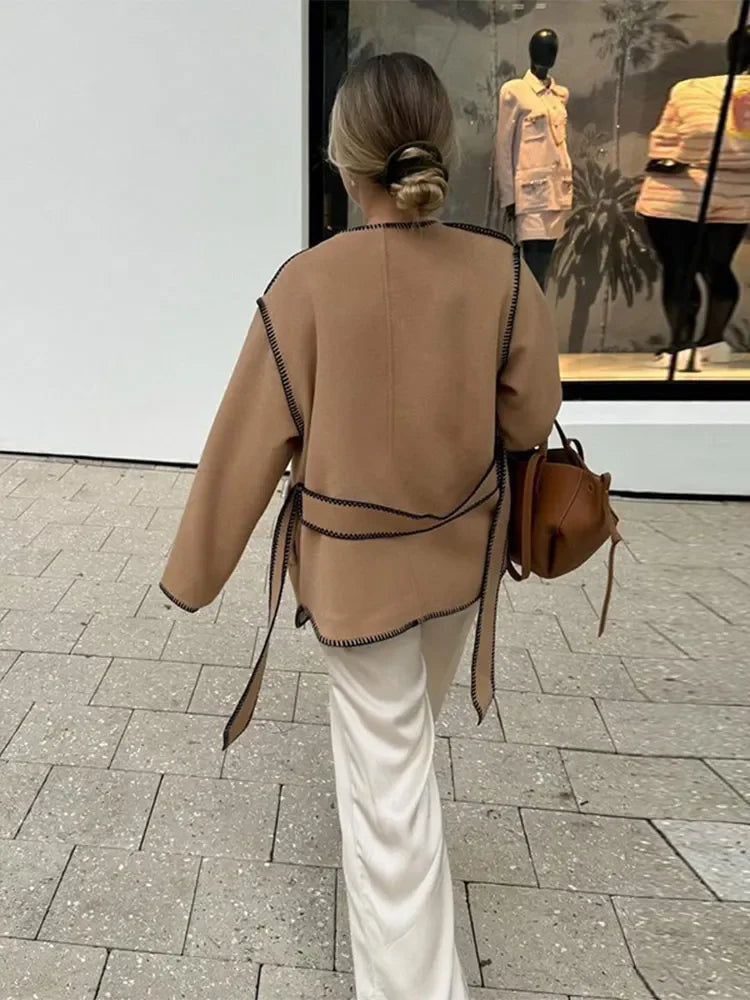 Aiertu  -  Women Fashion With Belt Wool Loose Coat Casual V Neck Long Sleeve Patchwork Overcoat 2026 Lady Autumn Winter Streetwear Coats Aiertu